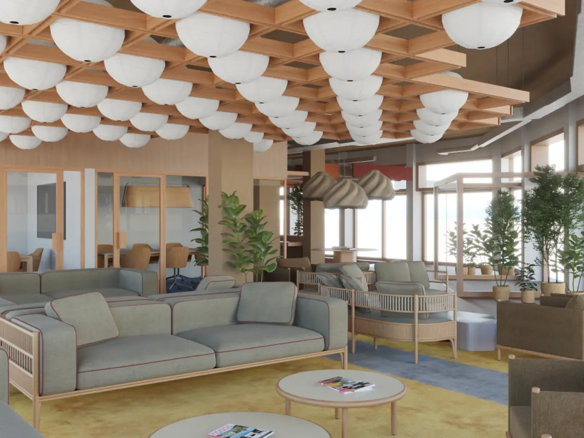 Zona común y de trabajo del coliving de Residencia Port en Barcelona